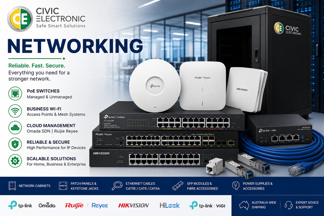 Shop professional networking equipment in Australia including PoE switches, business Wi-Fi, routers, Omada, Ruijie Reyee at Civic Electronic