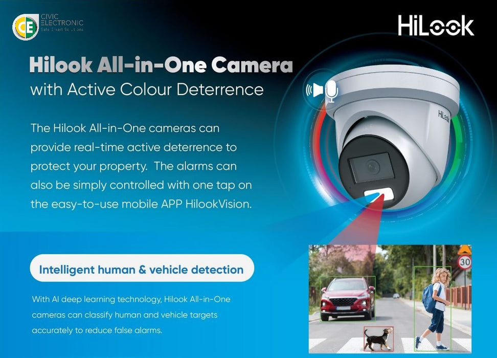 Hilook IPC-T269H-MU/SL All-in-One Camera with Active Colour Deterrence - Civic Electronic