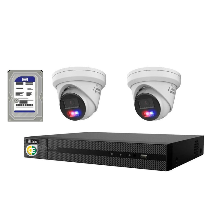 HiLook 4K 8MP All-in-One Active Colour 4CH CCTV Kit: 2 IP Turret Camera+4CH NVR - Civic Electronic