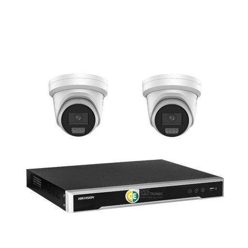 Hikvision 8MP 4K AI Smart Hybrid Light with ColorVu 4CH CCTV kit 2 X Camera Siren Strobe+4CH NVR - Civic Electronic