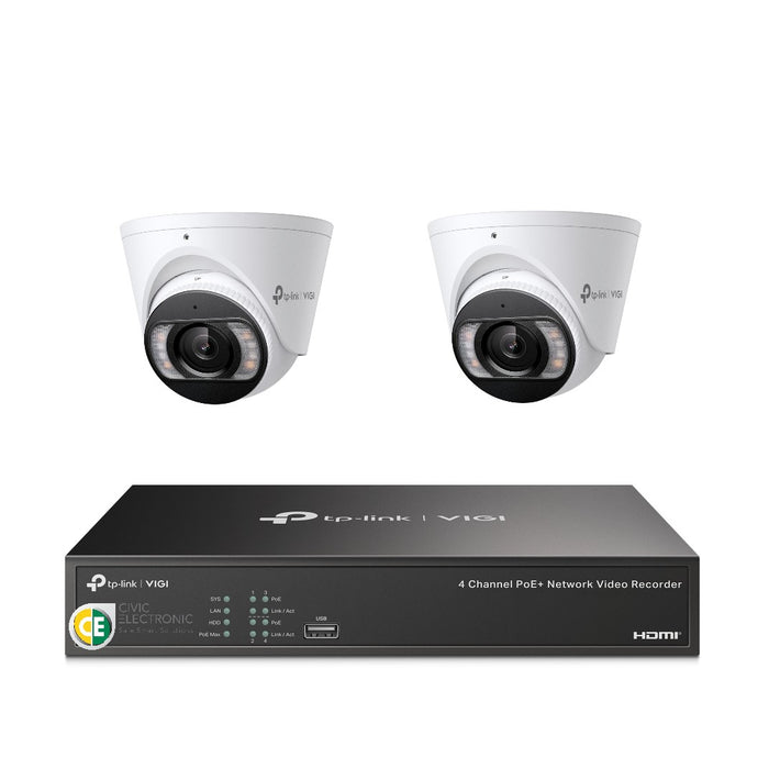 TP-Link 8MP 4CH CCTV Kit: 2 x IP Turret Cameras (Full-Colour Speaker, Mic, Light) + 4CH NVR - Civic Electronic
