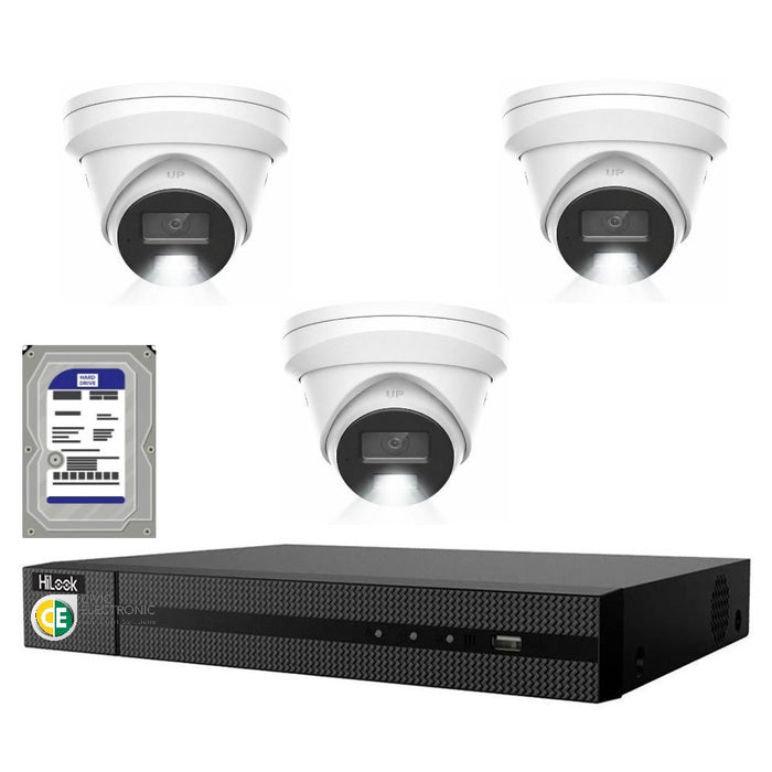 HiLook Pro 8MP 4K Smart Hybrid Light 4CH CCTV Kit:3 IP Turret Cameras+4CH NVR - Civic Electronic