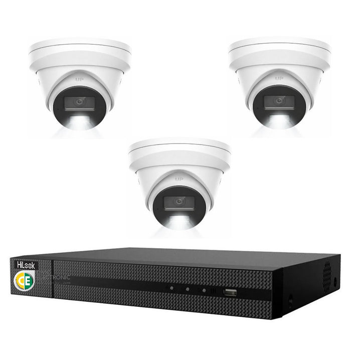 HiLook Pro 8MP 4K Smart Hybrid Light 4CH CCTV Kit:3 x IP Turret Cameras+4CH NVR - Civic Electronic