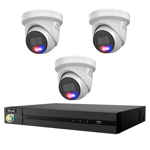 HiLook All-in-One Active Colour Deterrence 4CH CCTV Kit: 3 x IP Active Colour Camera+ 4CH NVR - Civic Electronic