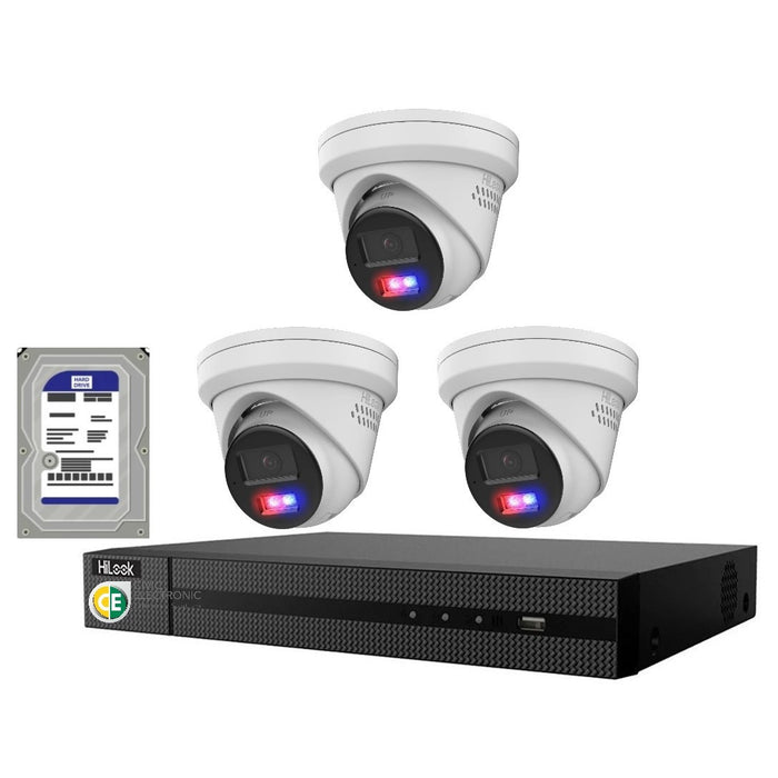 HiLook 4K 8MP All-in-One Active Colour 4CH CCTV Kit: 3 IP Turret Camera+4CH NVR