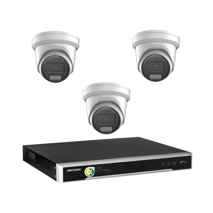 Hikvision 8MP 4K Smart Hybrid Light with ColorVu 4CH CCTV kit 3 X Camera Siren Strobe+4CH NVR - Civic Electronic