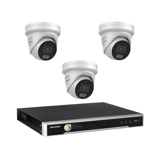 Hikvision 8MP 4K AI Smart Hybrid Light with ColorVu 4CH CCTV kit 3 X Camera Siren Strobe+4CH NVR - Civic Electronic