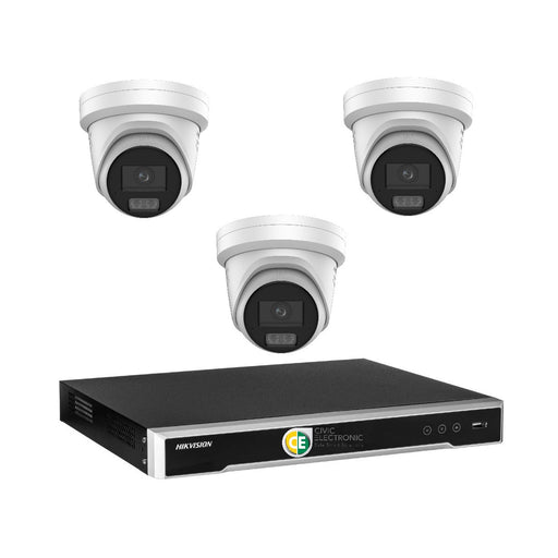 Hikvision 8MP 4K AI Smart Hybrid Light with ColorVu 4CH CCTV kit 3 X Camera Siren Strobe+4CH NVR - Civic Electronic