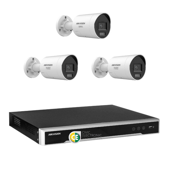Hikvision 8MP 8K AI Smart Hybrid Light ColorVu 4CH CCTV kit 3 Mini Bullet Siren Strobe+4CH NVR