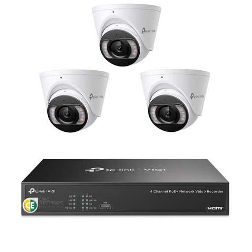 TP-Link 8MP 4CH CCTV Kit: 3 x IP Turret Cameras (Full-Colour Speaker, Mic, Light) + 4CH NVR - Civic Electronic