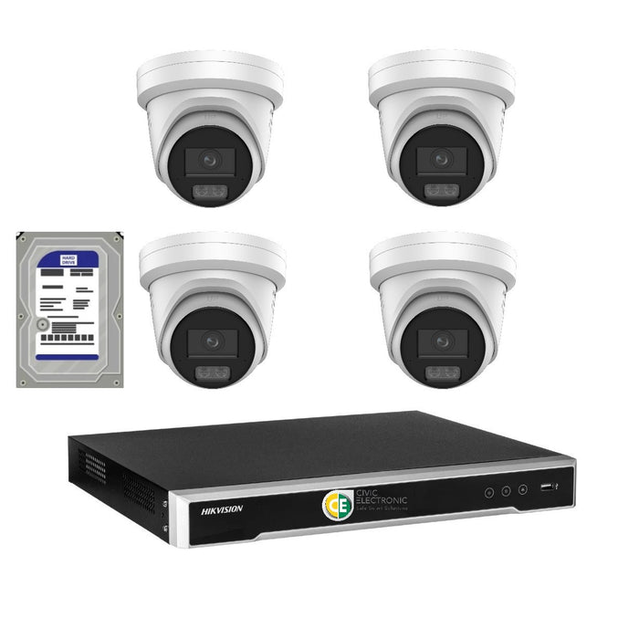 Hikvision 8MP 8K AI Smart Hybrid Light with ColorVu 8CH CCTV kit 4 X Camera Siren Strobe+8CH NVR - Civic Electronic