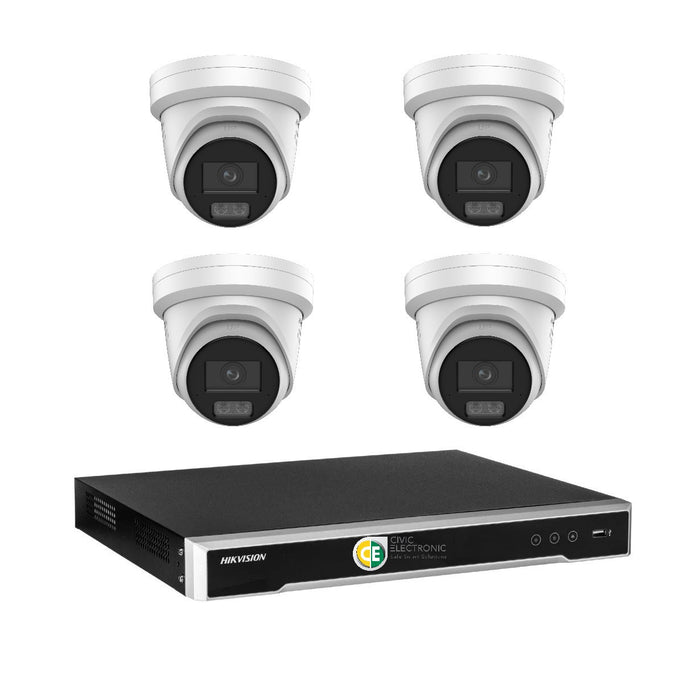 Hikvision 8MP 4K AI Smart Hybrid Light with ColorVu 4CH CCTV kit 4 X Camera Siren Strobe+4CH NVR - Civic Electronic