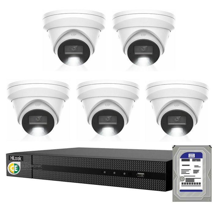 HiLook Pro 8MP 4K Smart Hybrid Light 8CH CCTV Kit: 5 IP Turret Cameras+8CH NVR
