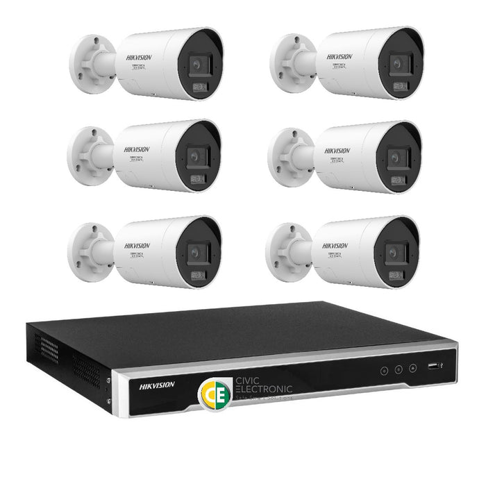 Hikvision 8MP 8K AI Smart Hybrid Light ColorVu 8CH CCTV kit 6 Mini Bullet Siren Strobe+8CH NVR