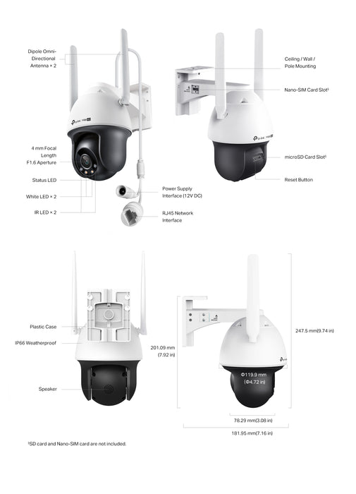TP-Link VIGI 4MP Outdoor Full-Colour 4G Pan Tilt Network Camera - Civic Electronic