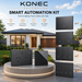Konec Automation Smart Automation Kit shown with multiple black smart wall outlets and control modules arranged beside a modern house exterior. The image includes feature icons for smart lighting control, smart power management, app & voice control, safe & reliable design, and stylish presentation, with quantity labels such as x4, x3, x2, and x10.